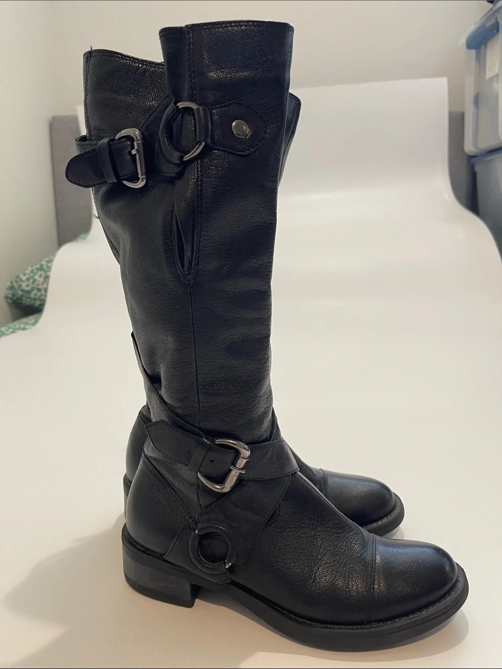 Aldo Women's Black Knee Leather Boots with Buckle Detail
